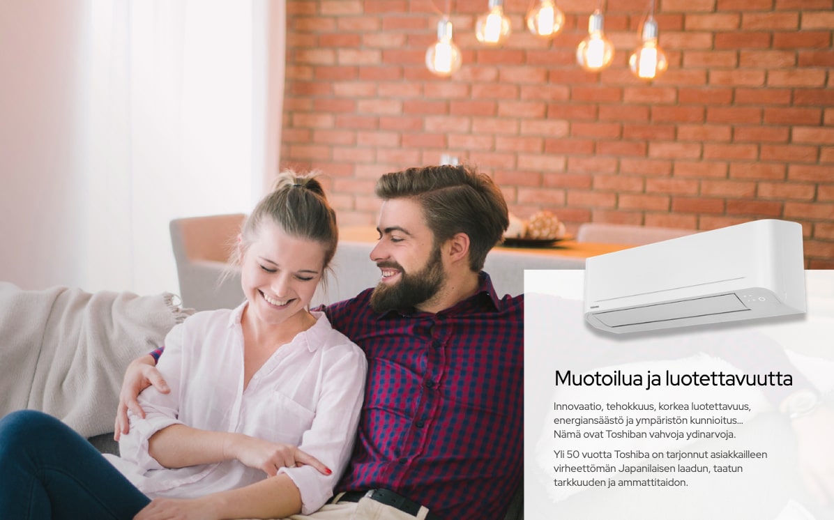 Moderni olohuone missa seinalle asennettuna Mitsubishi Electric LN ilmalampopumppu punaisen varisena.