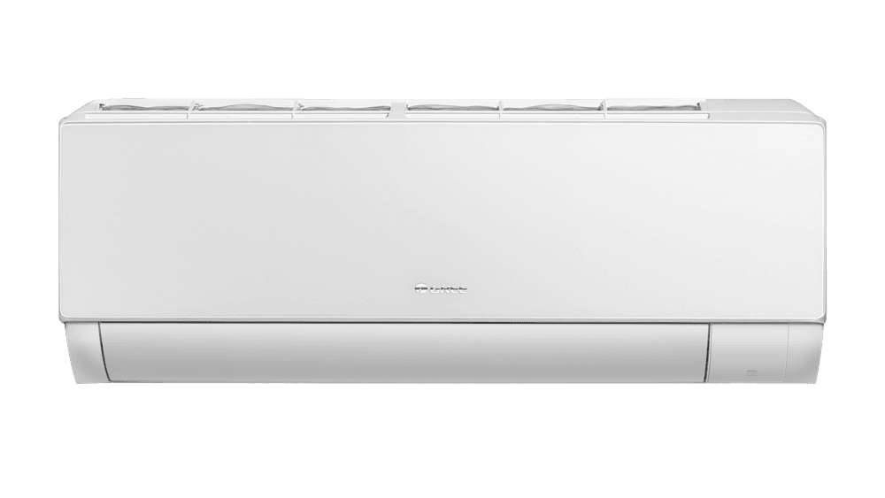 GREE SP-X-Nordic Modernisti sisustetun olohuoneen seinalla sisustukseen sopiva kangasverhoiltu ilmalampopumppu.