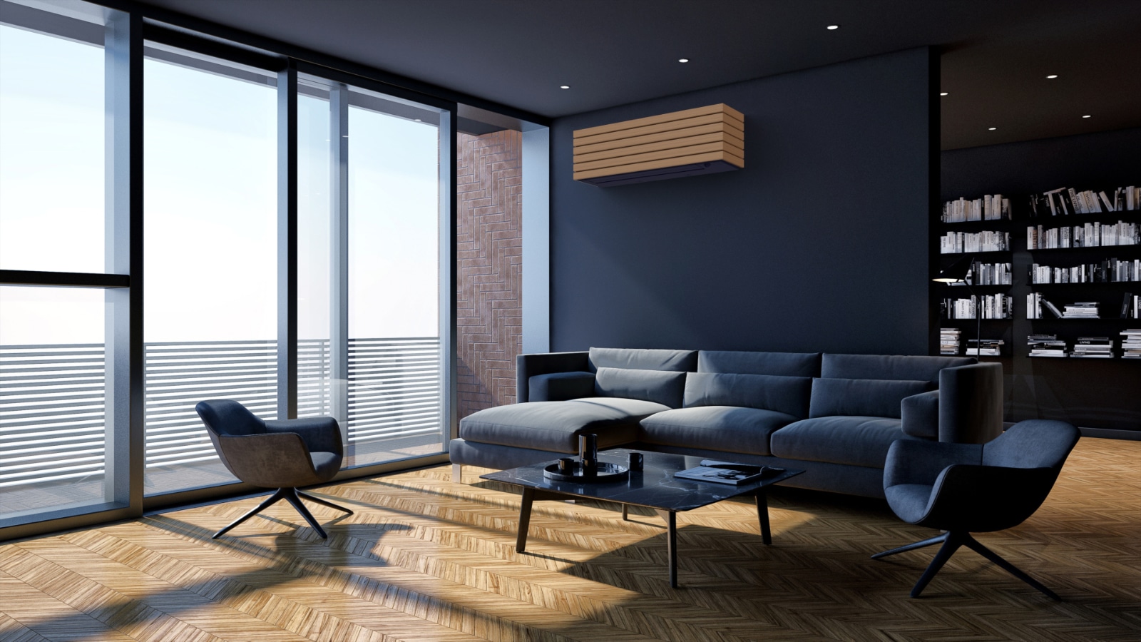 Toshiba-Arctic-Wood_1 Modernisti sisustetun olohuoneen seinalla sisustukseen sopiva kangasverhoiltu ilmalampopumppu.