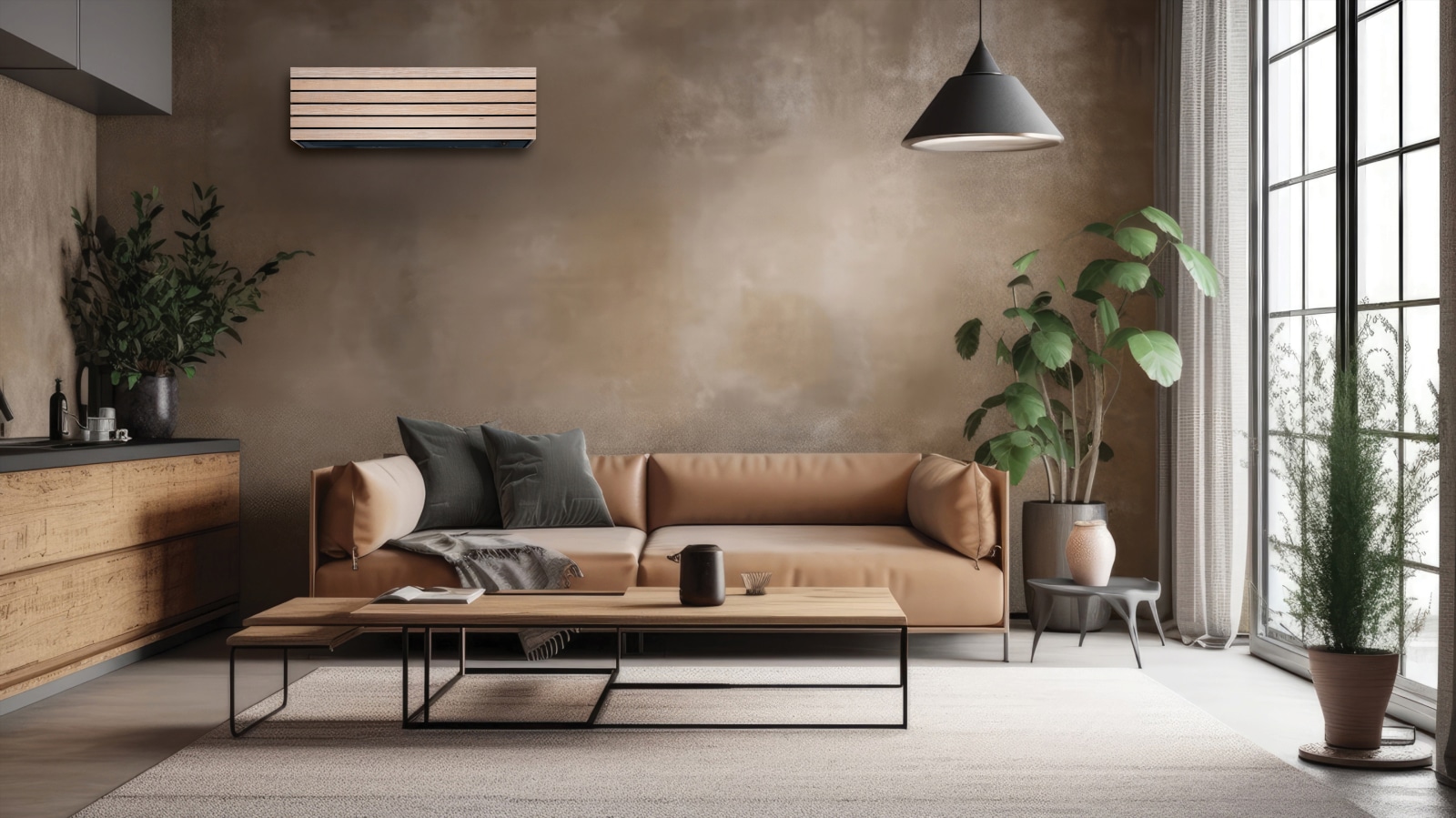 Toshiba-Arctic-Wood-ilmalampompuppu-puuverhoiltu-LVI-Leppasalo-Lahti Puuverhoiltu ilmalampopumpun sisayksikko modernissa olohuoneessa.